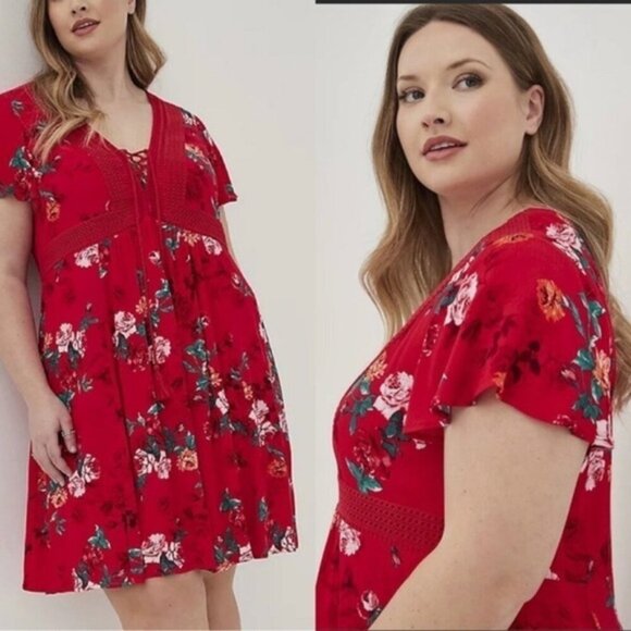 NWT Torrid Flutter Sleeve Lace-Up Skater Dress Gauze Floral Red Women Size 6X‎ - Picture 2 of 9